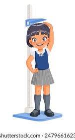 Cute little Asian school girl measuring her height with a stadiometer. Cartoon style vector illustration isolated on white background.