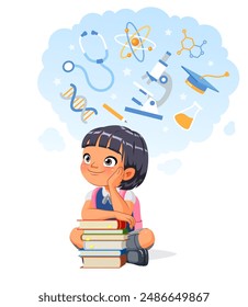 Cute little Asian school girl with a stack of books aspiring to a career in science. Cartoon vector illustration isolated on white background.