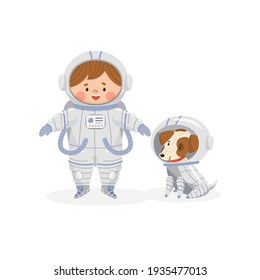 Cute little astronaut boy with dog in spacesuits on white background. Space and children. Vector illustration in cartoon style for postcards, posters, banners, posters.