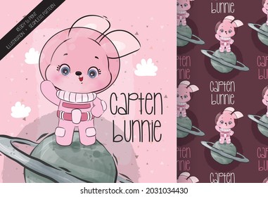 Cute little astronaut  bunny on the planet with seamless pattern: can be used for cards, invitations, baby shower, posters; with white isolated background
