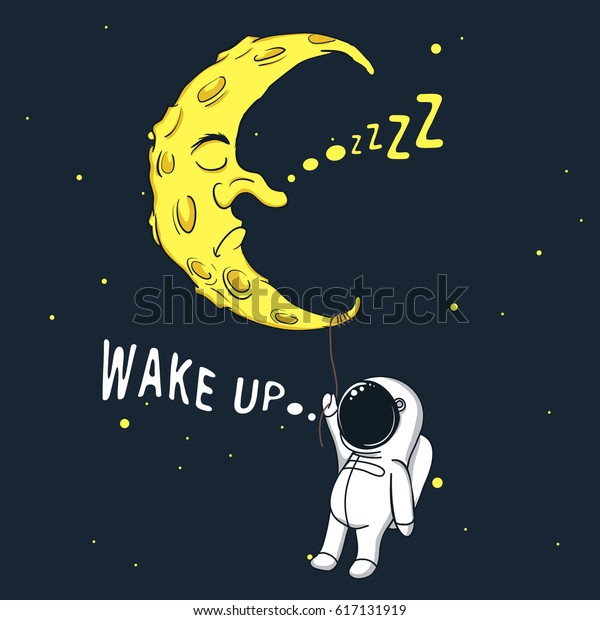 可愛い小さな宇宙飛行士が眠る月にしがみつき 彼を起こします 子どもっぽい空想イラスト のベクター画像素材 ロイヤリティフリー