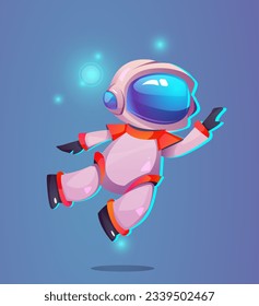 Cute little astronaut. Cosmic character in suit and helmet flies in space with shining stars. Isometric realistic spaceman for game user interface. 3d vector illustration isolated on white background