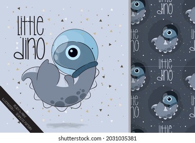 Cute little astronaut  dino flying on the space with seamless pattern: can be used for cards, invitations, baby shower, posters; with white isolated background
