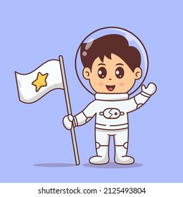 Cute Little Astronaut With Flag and Waving. Space technology Vector Illustration