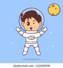 Cute Little Astronaut floating in space to the moon. Space technology Vector Illustration