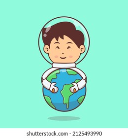 Cute Little Astronaut Hug the Earth. Space technology Vector Illustration. Earth day Illustration