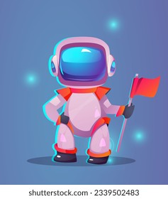 Cute little astronaut. Isometric realistic cosmic character in helmet with red flag for game user interface design. Universe and stars concept. 3d vector illustration isolated on white background