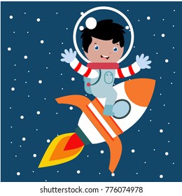 Cute little astronaut kid in action cartoon series