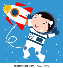 Cute little astronaut kid in action cartoon series