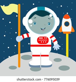 Cute little astronaut kid in action cartoon series