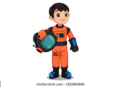 Cute little astronaut kid holding Astronaut Space Helmet vector illustration