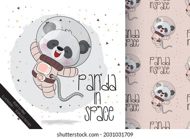Cute little astronaut  panda on the space with seamless pattern: can be used for cards, invitations, baby shower, posters; with white isolated background
