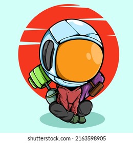 CUTE LITTLE ASTRONAUT RELAX WITH SKATEBOAD AND BIG SPRAY PAINT IN THE BACK