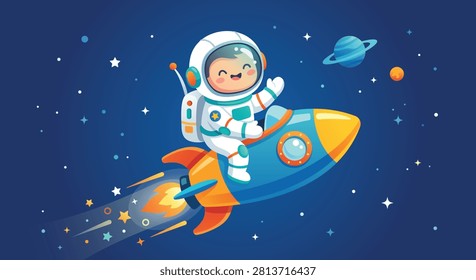 Cute little astronaut riding a rocket ship in space, kawaii vector cartoon illustration of cosmic journey for kids.