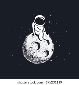 Cute little astronaut sits on Moon and looking to us.Cosmic character.Cartoon childish vector illustration