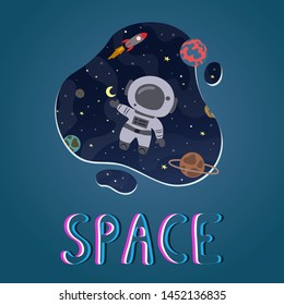 Cute little astronaut in space. Great design element for kids apparel, nursery decoration, patch, poster, t-shirt.  Hand drawn vector illustration.