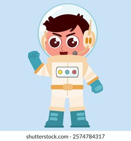 Cute little astronaut in a space suit, floating in space with planets and stars. Perfect for kids' content and education