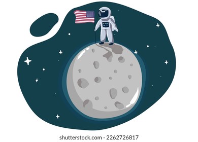 Cute kleiner Astronaut steht auf dem Mond mit US-Flagge.Space Mission. Childische Vektorgrafik.