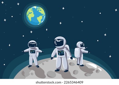 Cute little astronaut stand on the moon with USA flag.Space mission.Childish vector illustration,
