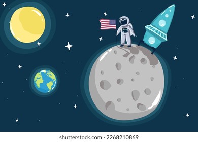 Cute little astronaut stand on the moon with USA flag.Space mission.Childish vector illustration,
