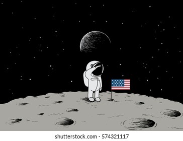 Cute little astronaut stand on the moon with USA flag.Space mission.Childish vector illustration