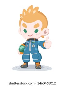 Cute little astronaut in training space suit holding helmet and doing thumbs-up vector illustration 