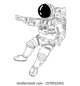 Cute little astronaut waving hand. Space vector illustration. Prints design