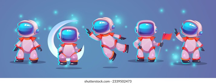 Cute little astronauts set. Spacemans in helmet and suit jump and pose with flag and crescent moon. Isometric realistic character for ui game design. 3d vector collection isolated on white background