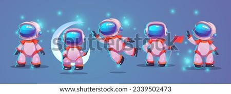 Cute little astronauts set. Spacemans in helmet and suit jump and pose with flag and crescent moon. Isometric realistic character for ui game design. 3d vector collection isolated on white background