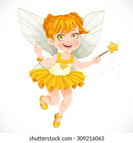 Cute little autumn fairy girl with a Magic wand isolated on a white background