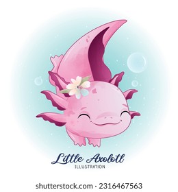 Cute little axolotl with watercolor illustration