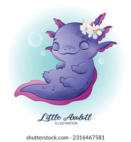 Cute little axolotl with watercolor illustration