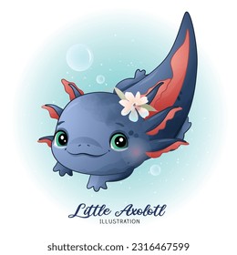 Cute little axolotl with watercolor illustration