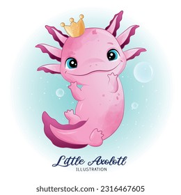 Cute little axolotl with watercolor illustration