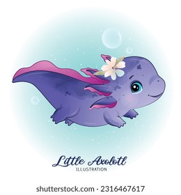 Cute little axolotl with watercolor illustration