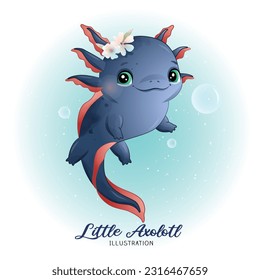 Cute little axolotl with watercolor illustration