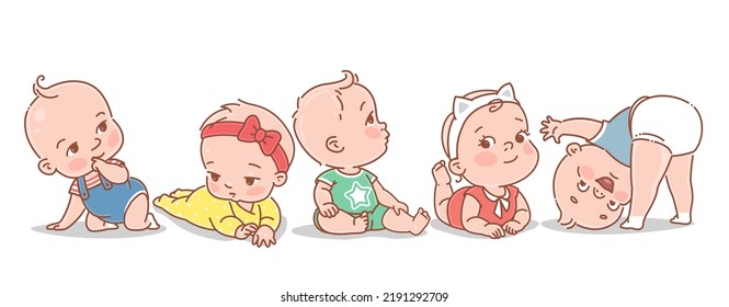 Cute little babies 3  12 months  Happy smiling children lay  sit  play  Boy girl  various poses  Children wear diapers  tshirts  overalls  Color vector illustration set 