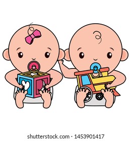 cute little babies couple with block and train vector illustration design