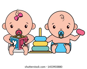 cute little babies couple with toys vector illustration design