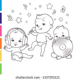 Cute little babies in diaper. Happy children listen music. Girls and boys in headphones, microphone, vinyl. Coloring page. Outlines. Monochrome. Vector illustration isolated on white background.