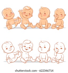 Cute little babies in diaper sitting together. Happy children. Girls and boys smiling waving hands.  Vector illustration isolated on white background.