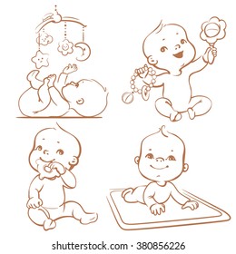 Cute little babies with different toys. First year games. Baby hold teething toy, lay on developing play mat, baby and mobile toy. Sketchy monochrome vector Illustration isolated on white background