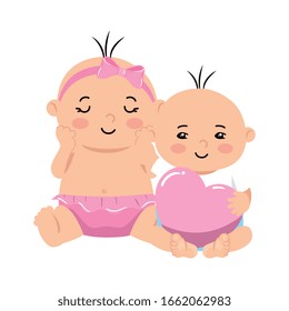 cute little babies with heart vector illustration design