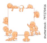 Cute little babies near blank text frame. Happy children in diapers stand, sit,crawl, sleep, waving hand. Kids holding white banner.  Active toddlers. Baby health and care vector illustration.