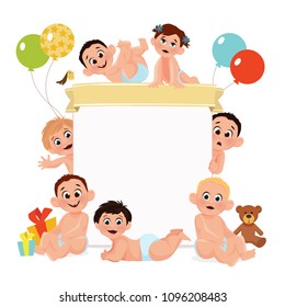 Cute little babies near blank text frame. Happy children in diapers stand, sit,crawl, waving hand. Birthday. Kids holding white banner. Active toddlers. Baby health and care vector illustration.	