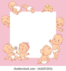 Cute little babies near blank text frame. Happy children in diapers stand, sit,crawl, sleep, waving hand. Kids holding white banner.  Active toddlers. Baby health and care vector illustration.