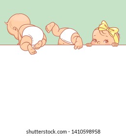 Cute little babies near blank text frame. Happy children in diapers above text frame. Kids holding white banner.  Baby upside down, Active toddlers. Baby health and care vector illustration.