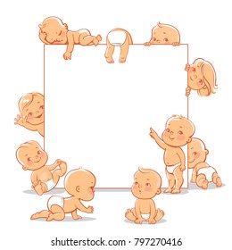 Cute little babies near blank text frame. Happy children in diapers stand, sit,crawl, sleep, waving hand. Kids holding white banner.  Active toddlers. Baby health and care vector illustration.