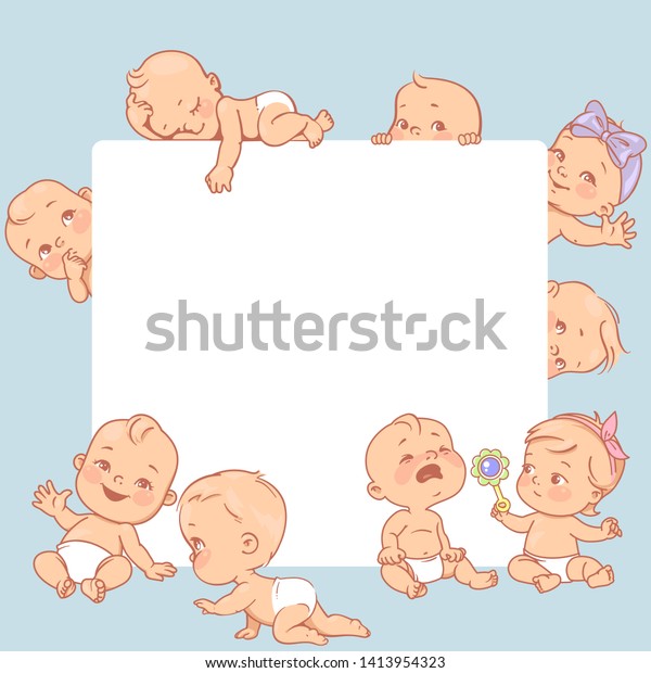 空白のテキスト枠の近くにかわいい赤ちゃんがいる おむつを着た幸せな子どもたちは立ち 座り はい 眠り 手を振る 白いバナーを持つ子供たち アクティブな幼児 赤ちゃんの健康とケアのベクターイラスト のベクター画像素材 ロイヤリティフリー