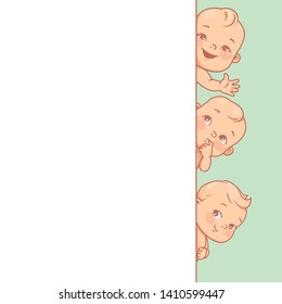 Cute little babies near verticalblank text frame. Happy children in diapers stand, look out, wave hand. Kids holding white banner.  Active toddlers. Baby health and care vector illustration.